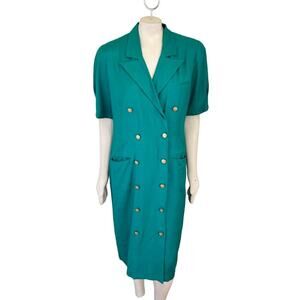VTG 80s LAUREN ALEXANDRA Double Breasted Gold Button Blazer Dress in Green SZ 14